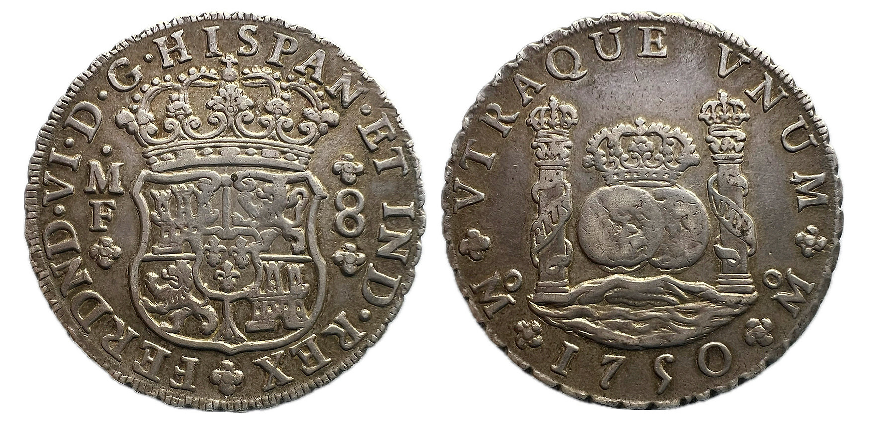 Fernando VI   8 Reales México 1750, ensayadores M.F.  Conservación: MBC+  Peso: 26,98 g