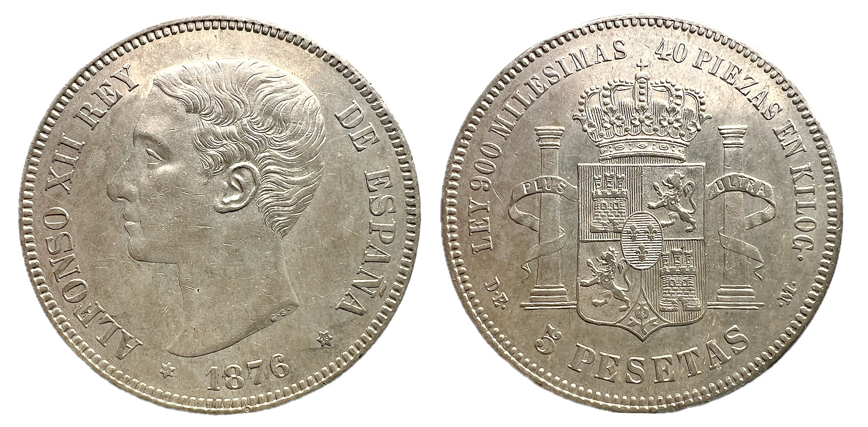 Alfonso XII  5 Pesetas de Madrid 1878, estrellas *18-76  Conservación: EBC-  Peso: 24,97 g