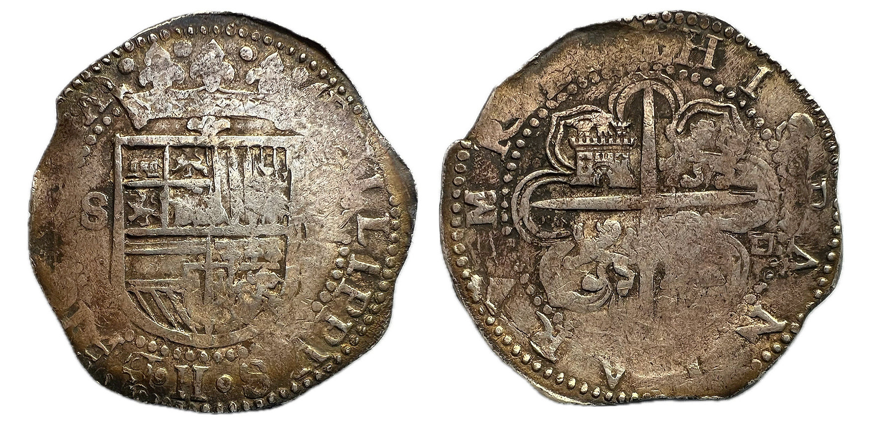 Felipe II  8 Reales de Sevilla sin fecha, puntos o roeles intercalados  Conservación: MBC+  Peso: 27,19 g