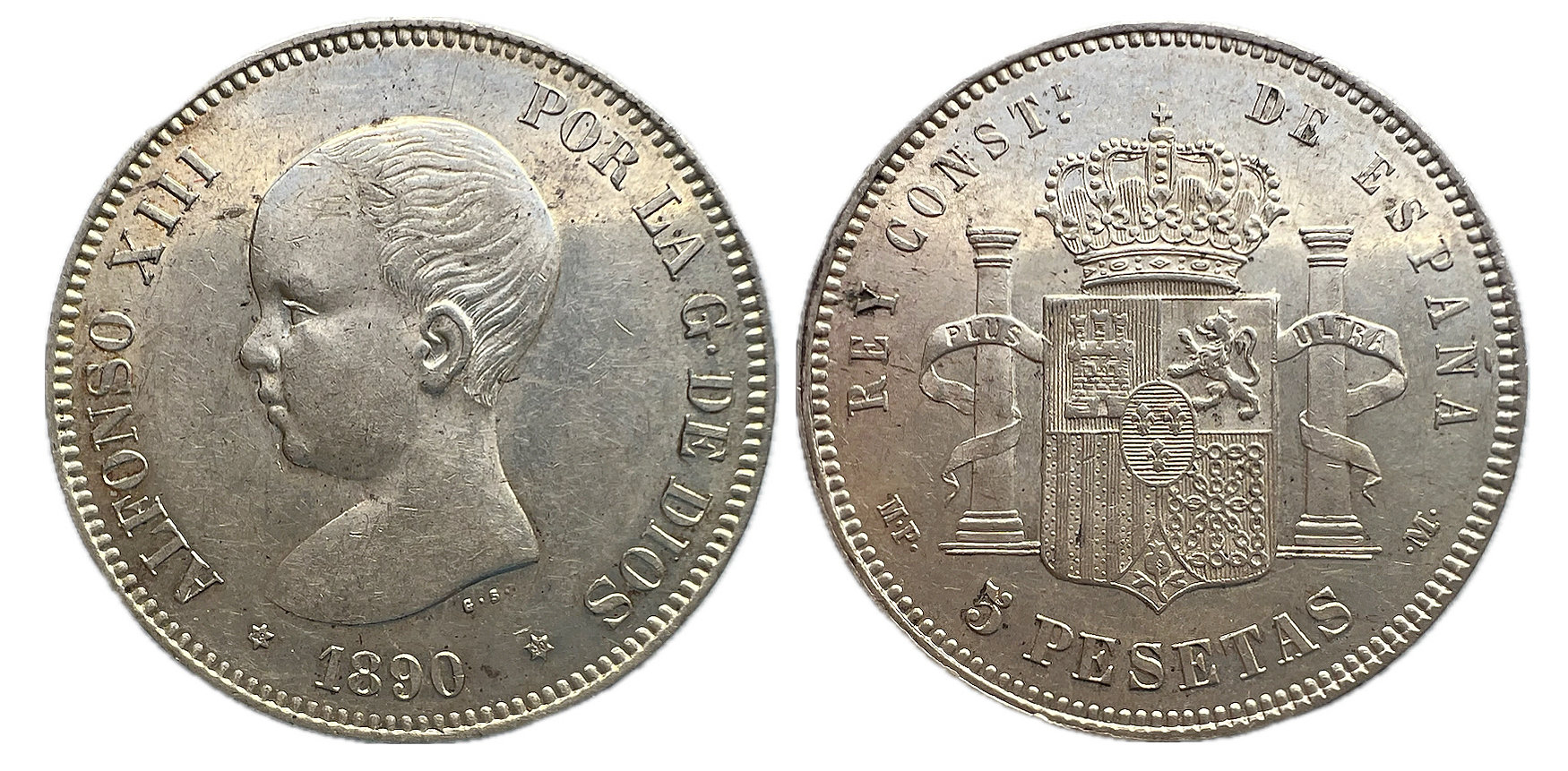 Alfonso XIII  5 Pesetas de Madrid 1890, estrellas *18-90  Conservación: EBC  Peso: 24,98 g  Observaciones: Precios patina con pleno brillo original, el ejemplar no tiene