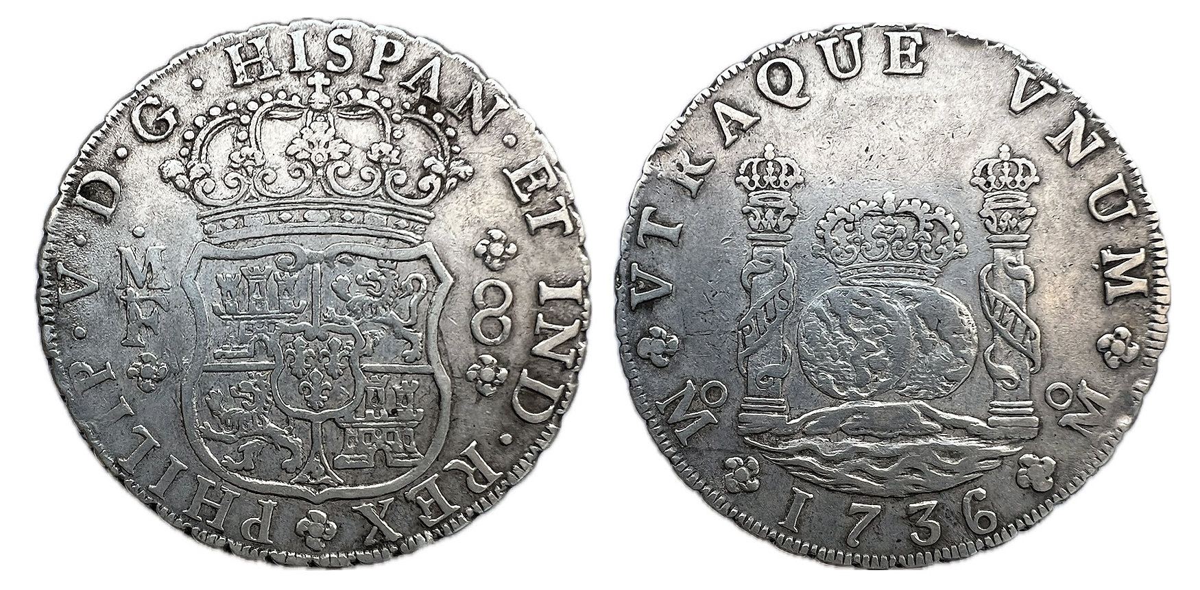 Felipe V  8 Reales de México 1736, ensayador M.F.  Conservación: MBC+