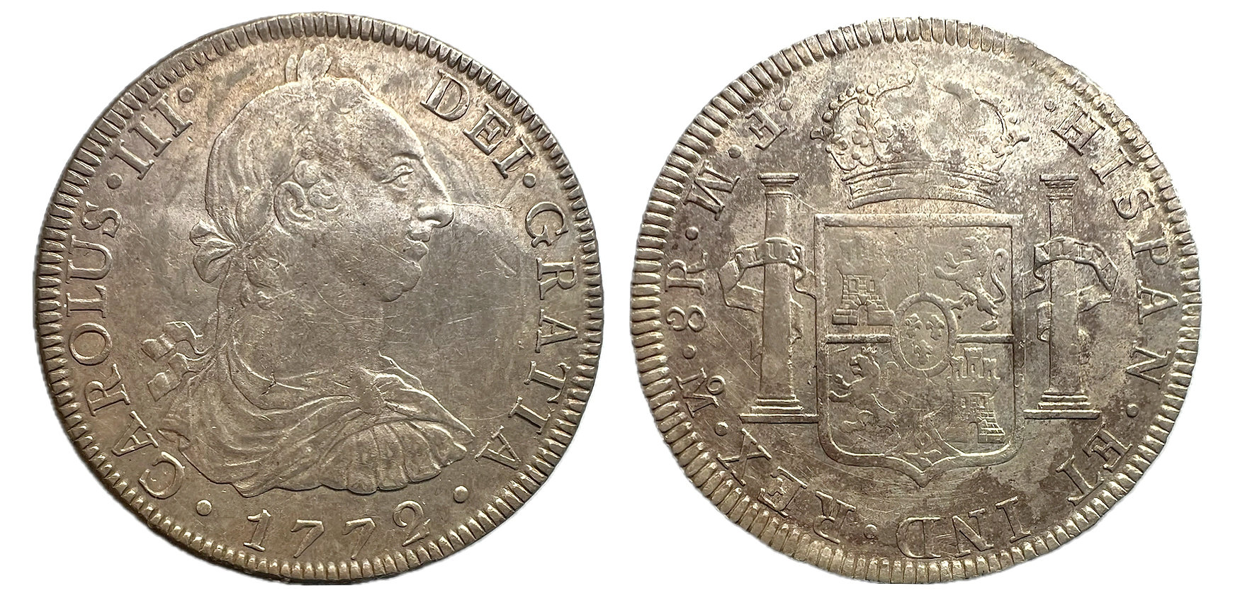 Carlos III  8 Reales México 1772, ensayadores F.M. invertidos  Conservación: EBC  Peso: 26,97 g
